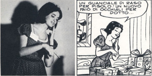 La futura signora Scarpa posa in questa foto degli anni '50 come modello della graziosa Biancaneve, per la realizzazione della vignetta a destra.