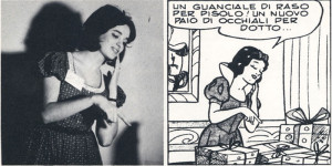 Studio dal vero per "Biancaneve". La modella (futura signora Scarpa) posa per la realizzazione della vignetta riportata a destra.